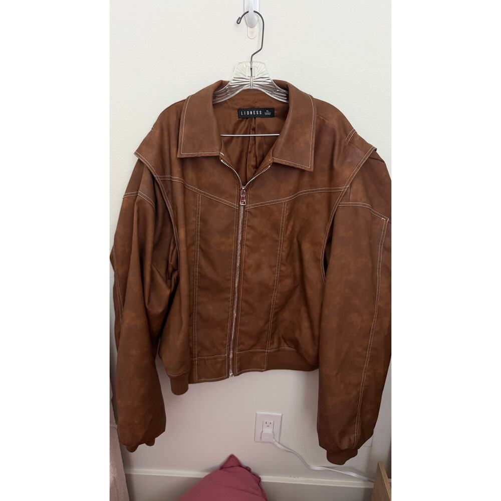 Lioness Brown Contrast-Stitch Bomber Jacket Size XL - Picture 3 of 8